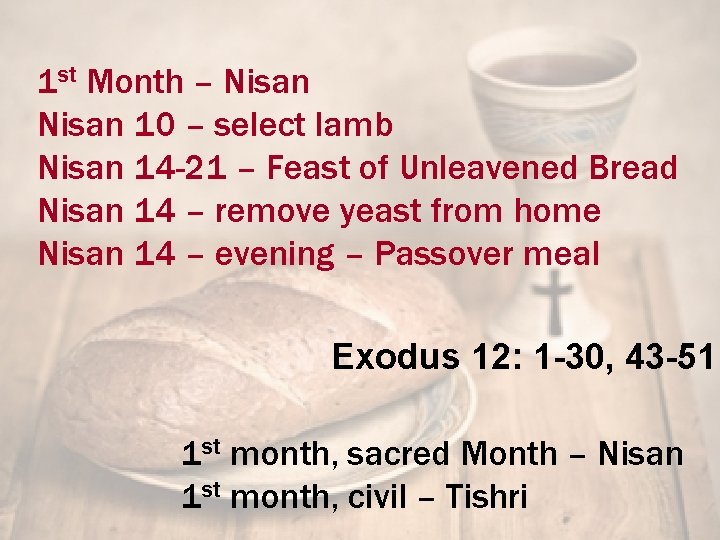 1 st Month – Nisan 10 – select lamb Nisan 14 -21 – Feast