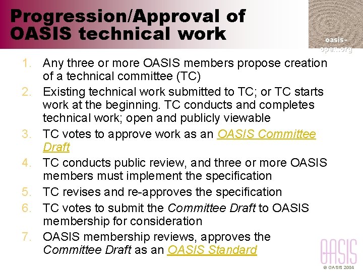 Progression/Approval of OASIS technical work oasisopen. org 1. Any three or more OASIS members
