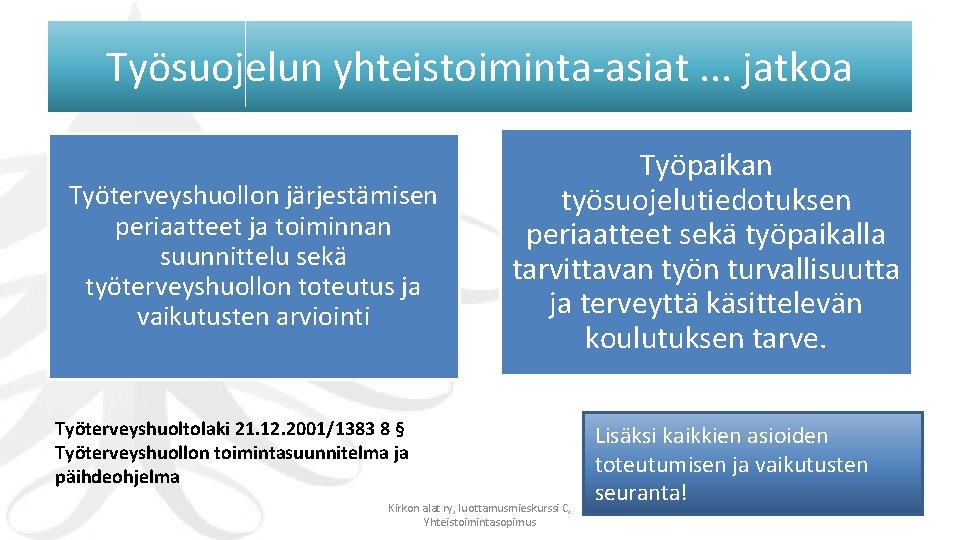 Työsuojelun yhteistoiminta-asiat. . . jatkoa Työterveyshuollon järjestämisen periaatteet ja toiminnan suunnittelu sekä työterveyshuollon toteutus