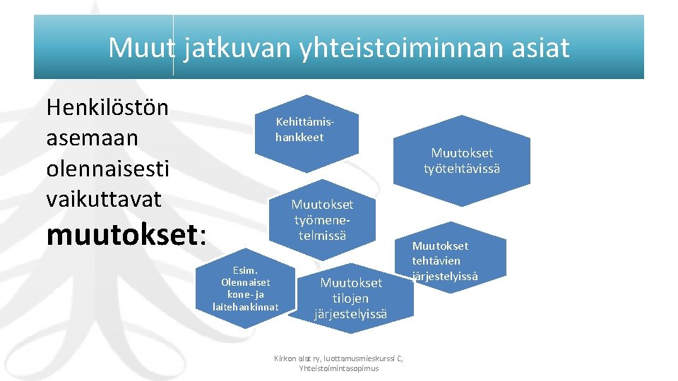 Muut jatkuvan yhteistoiminnan asiat Henkilöstön asemaan olennaisesti vaikuttavat Kehittämishankkeet Muutokset työmenetelmissä muutokset: Esim. Olennaiset