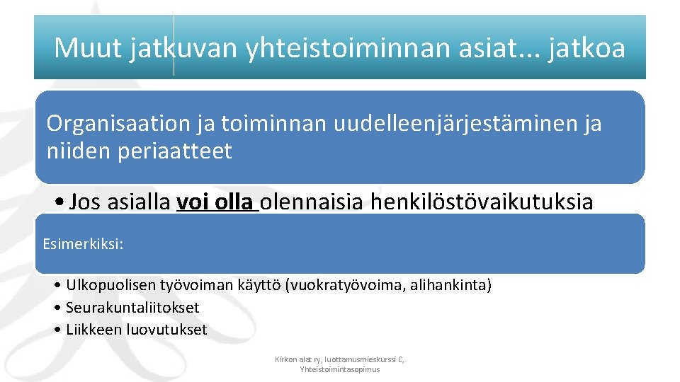 Muut jatkuvan yhteistoiminnan asiat. . . jatkoa Organisaation ja toiminnan uudelleenjärjestäminen ja niiden periaatteet