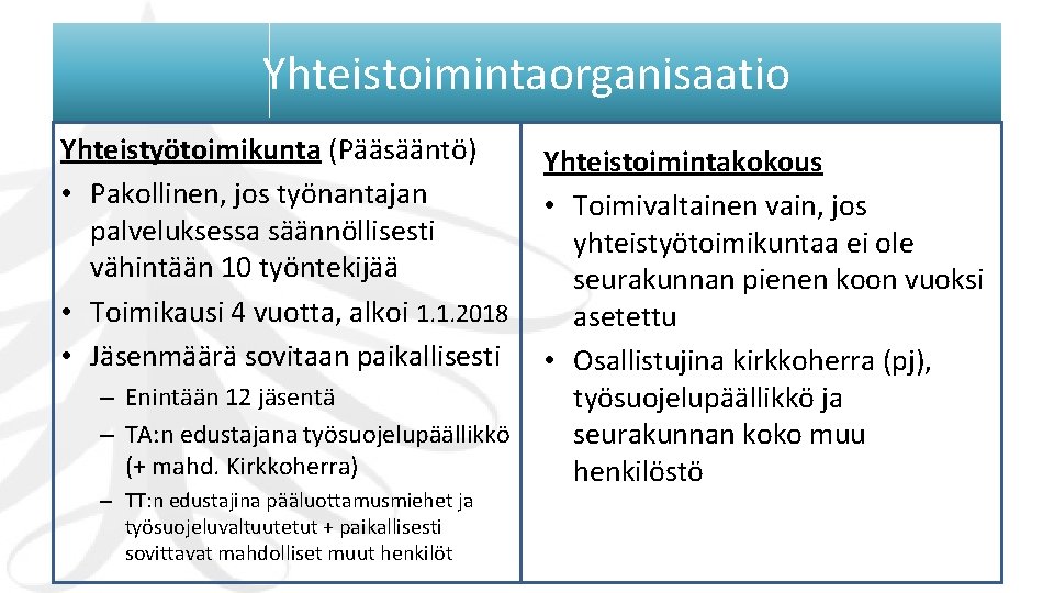 Yhteistoimintaorganisaatio Yhteistyötoimikunta (Pääsääntö) • Pakollinen, jos työnantajan palveluksessa säännöllisesti vähintään 10 työntekijää • Toimikausi