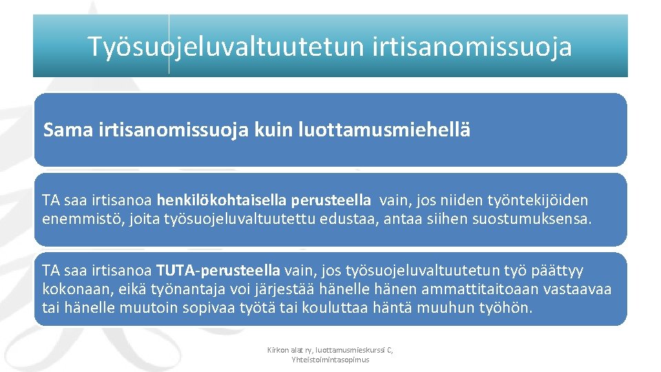 Työsuojeluvaltuutetun irtisanomissuoja Sama irtisanomissuoja kuin luottamusmiehellä TA saa irtisanoa henkilökohtaisella perusteella vain, jos niiden