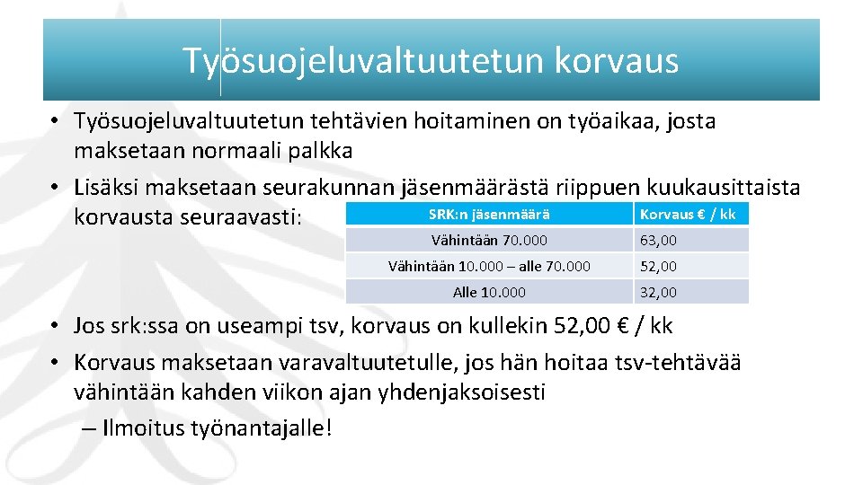 Työsuojeluvaltuutetun korvaus • Työsuojeluvaltuutetun tehtävien hoitaminen on työaikaa, josta maksetaan normaali palkka • Lisäksi