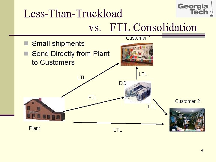 Less-Than-Truckload vs. FTL Consolidation Customer 1 n Small shipments n Send Directly from Plant