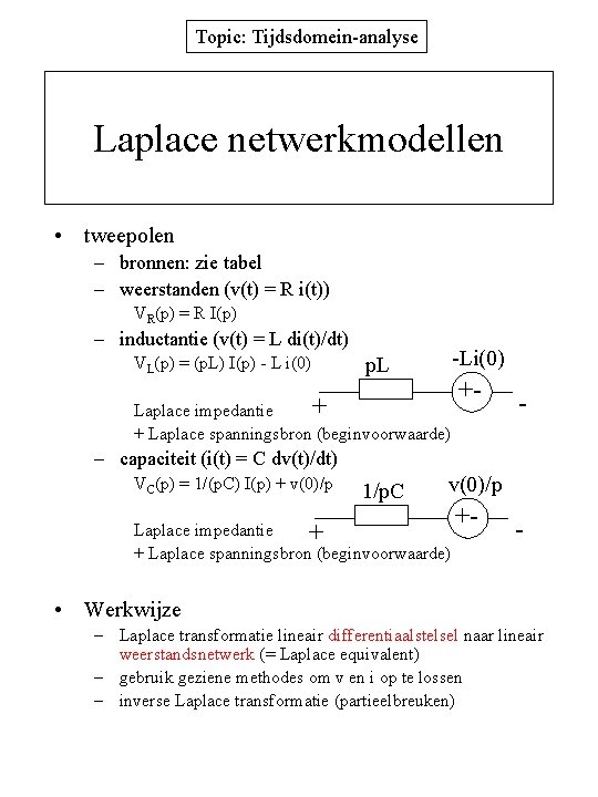 Topic: Tijdsdomein-analyse Laplace netwerkmodellen • tweepolen – bronnen: zie tabel – weerstanden (v(t) =