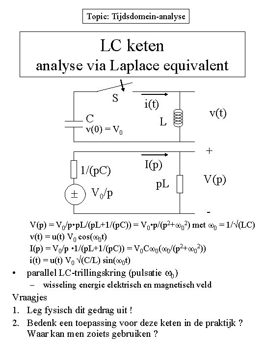 Topic: Tijdsdomein-analyse LC keten analyse via Laplace equivalent S C v(0) = V 0