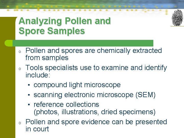 Analyzing Pollen and Spore Samples o o o Pollen and spores are chemically extracted