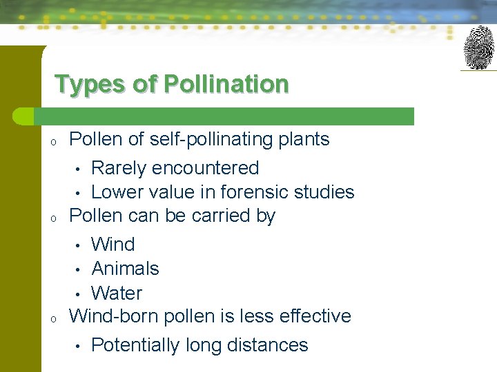 Types of Pollination o o o Pollen of self-pollinating plants • Rarely encountered •