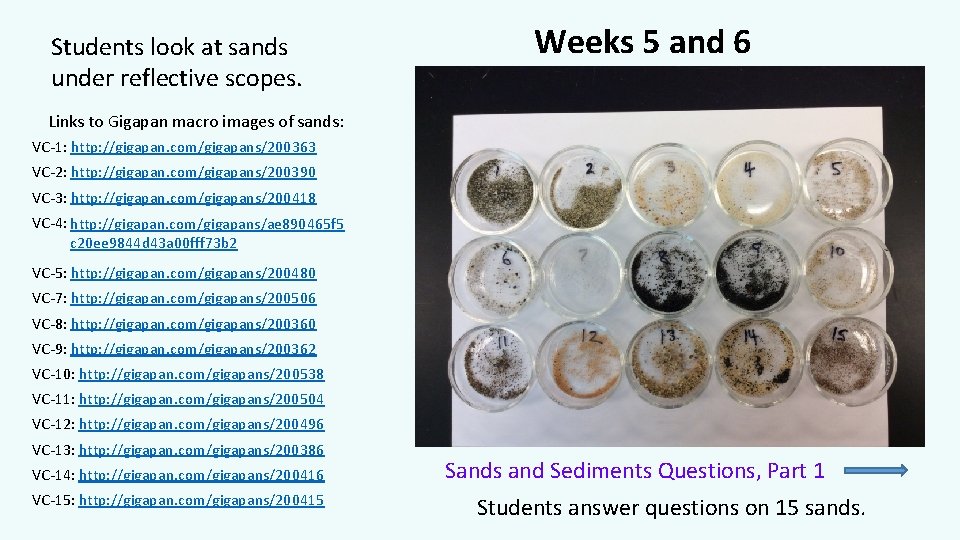 Students look at sands under reflective scopes. Weeks 5 and 6 Links to Gigapan