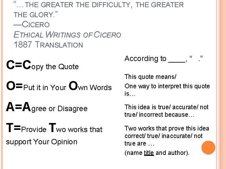 “…THE GREATER THE DIFFICULTY, THE GREATER THE GLORY. ” —CICERO ETHICAL WRITINGS OF CICERO