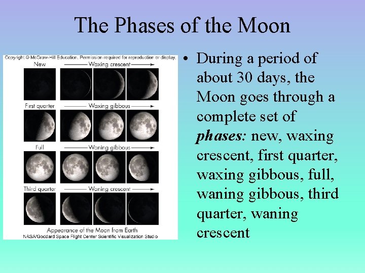 The Phases of the Moon • During a period of about 30 days, the