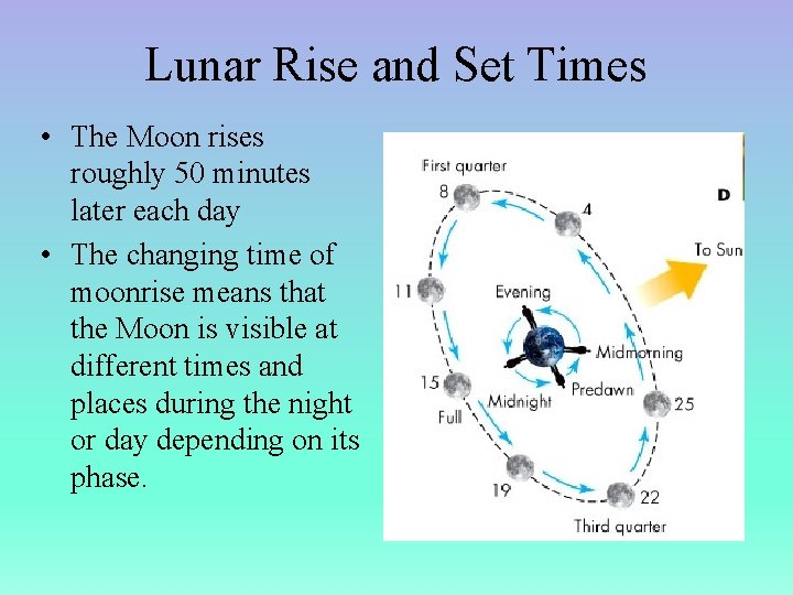 Lunar Rise and Set Times • The Moon rises roughly 50 minutes later each