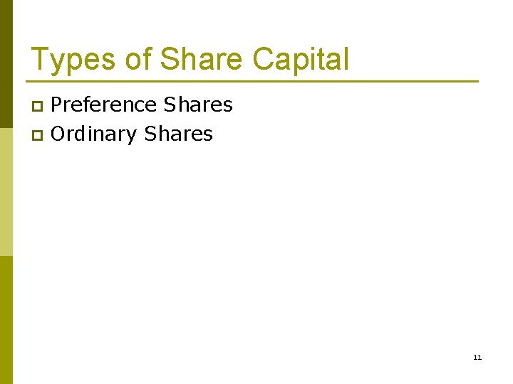 Types of Share Capital Preference Shares p Ordinary Shares p 11 