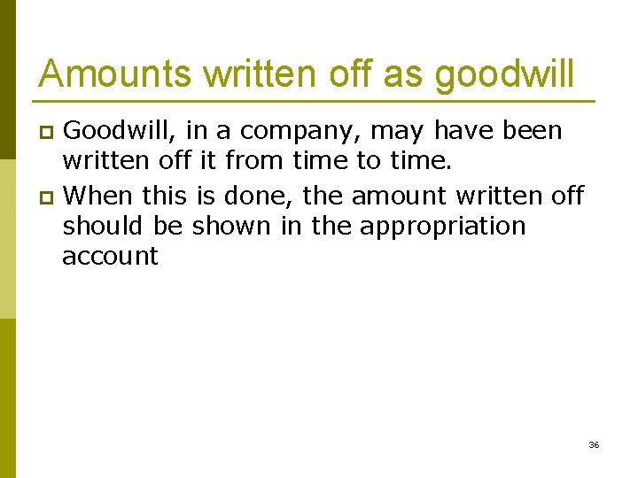 Amounts written off as goodwill Goodwill, in a company, may have been written off