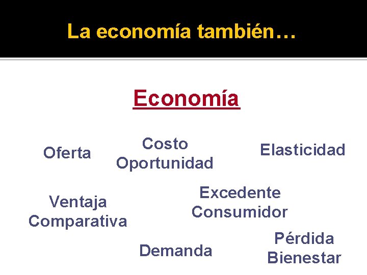 La economía también… Economía Oferta Costo Oportunidad Ventaja Comparativa Elasticidad Excedente Consumidor Demanda Pérdida