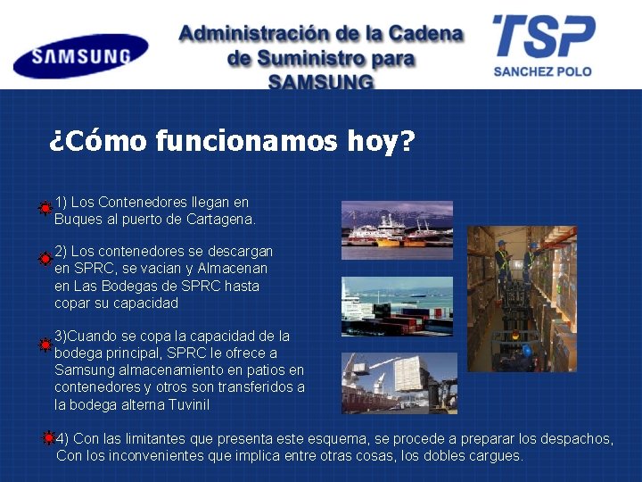 ¿Cómo funcionamos hoy? 1) Los Contenedores llegan en Buques al puerto de Cartagena. 2)