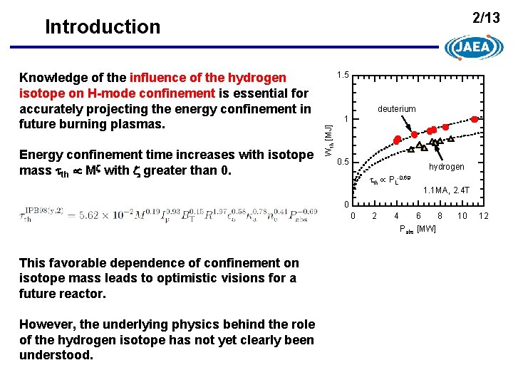 2/13 Introduction Energy confinement time increases with isotope mass tth Mz with z greater