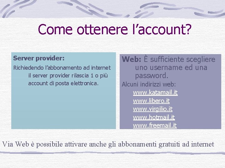 Come ottenere l’account? Server provider: Richiedendo l’abbonamento ad internet il server provider rilascia 1