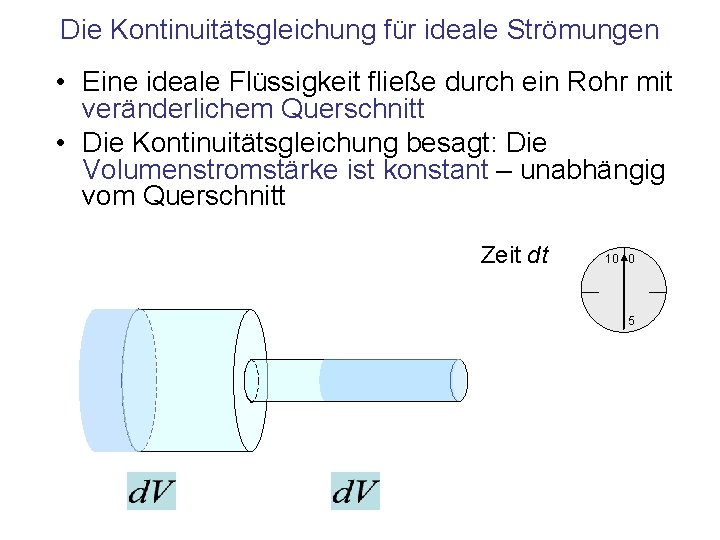 Die Kontinuitätsgleichung für ideale Strömungen • Eine ideale Flüssigkeit fließe durch ein Rohr mit