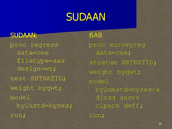 SUDAAN: proc regress data=one filetype=sas design=wr; nest SSTRATID; weight byqwt; model by 2 xstd=byses;