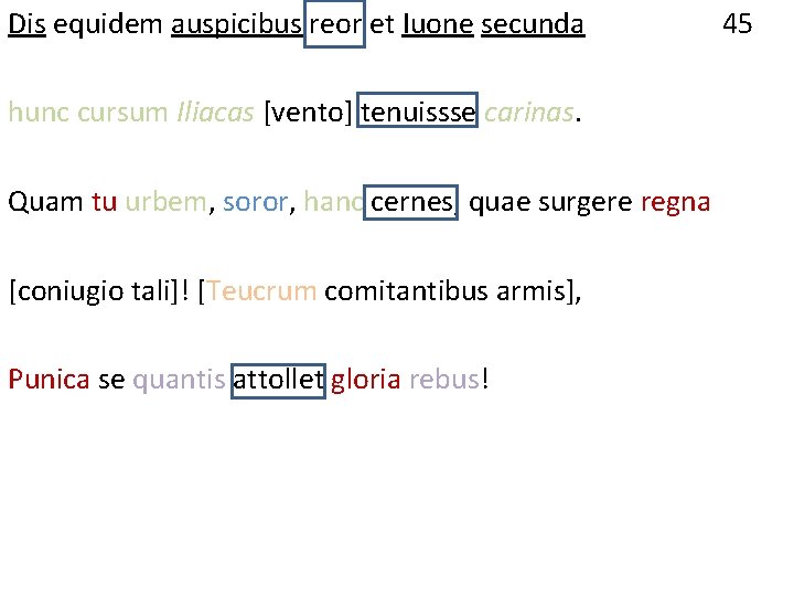 Dis equidem auspicibus reor et Iuone secunda hunc cursum Iliacas [vento] tenuissse carinas. Quam