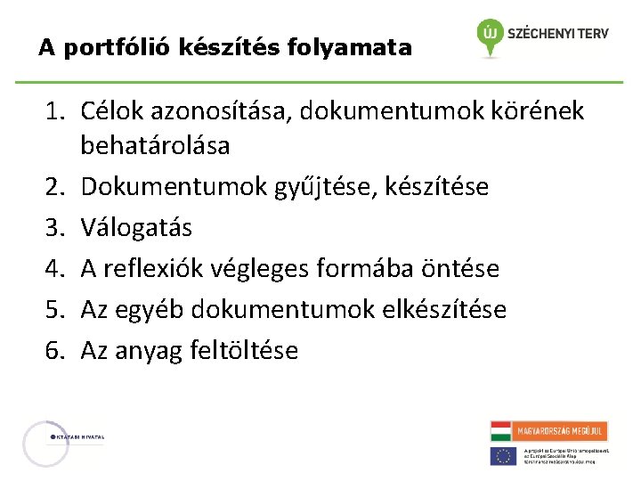 A portfólió készítés folyamata 1. Célok azonosítása, dokumentumok körének behatárolása 2. Dokumentumok gyűjtése, készítése A portfólió készítés folyamata 1. Célok azonosítása, dokumentumok körének behatárolása 2. Dokumentumok gyűjtése, készítése