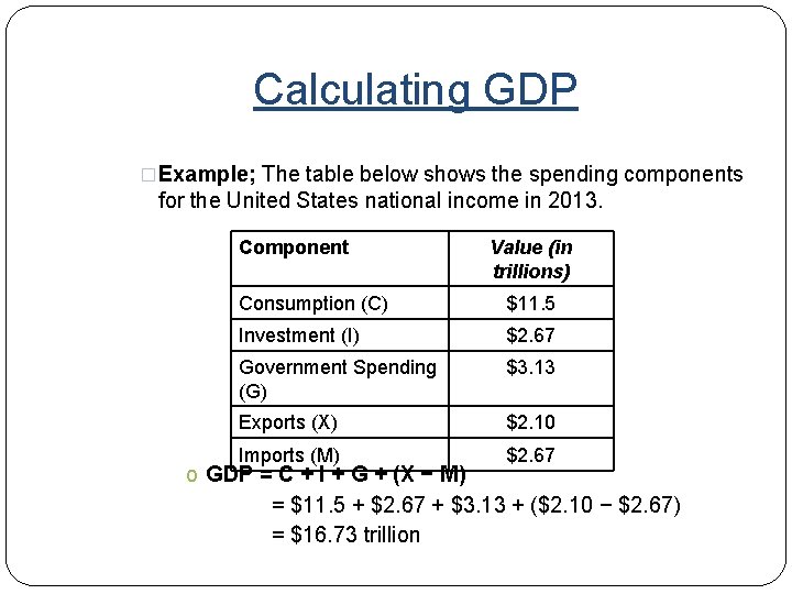 Calculating GDP �Example; The table below shows the spending components for the United States