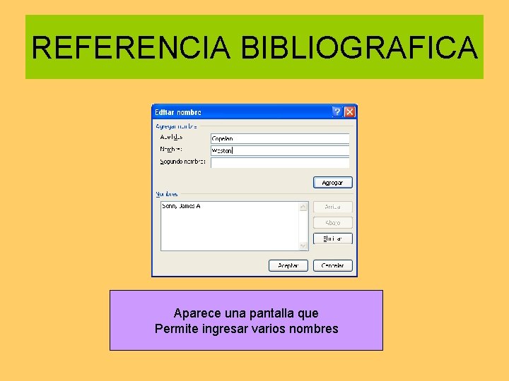 REFERENCIA BIBLIOGRAFICA Aparece una pantalla que Permite ingresar varios nombres 