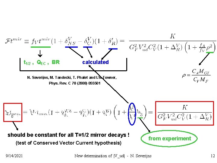  t 1/2 , QEC , BR calculated N. Severijns, M. Tandecki, T. Phalet