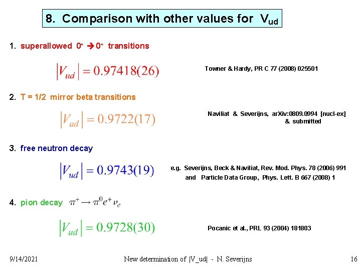 8. Comparison with other values for Vud 1. superallowed 0+ transitions Towner & Hardy,