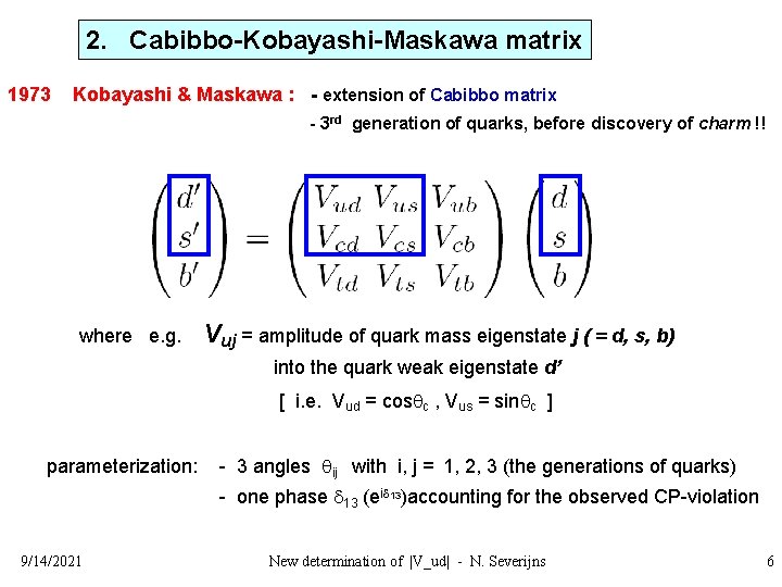 2. Cabibbo-Kobayashi-Maskawa matrix 1973 Kobayashi & Maskawa : - extension of Cabibbo matrix -