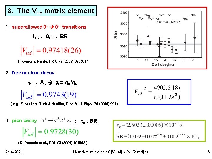 3. The Vud matrix element 1. superallowed 0+ transitions t 1/2 , QEC ,