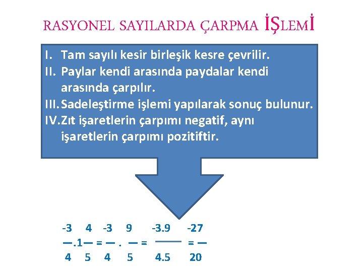 RASYONEL SAYILARDA ÇARPMA İŞLEMİ I. Tam sayılı kesir birleşik kesre çevrilir. II. Paylar kendi