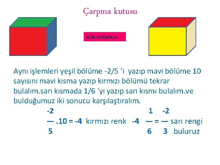 Çarpma kutusu a. (b. c)=(a. b). c Aynı işlemleri yeşil bölüme -2/5 ‘i yazıp