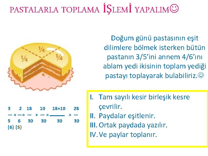 PASTALARLA TOPLAMA İŞLEMİ YAPALIM Doğum günü pastasının eşit dilimlere bölmek isterken bütün pastanın 3/5’ini