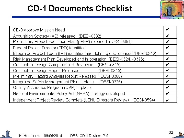 CD-1 Documents Checklist CD-0 Approve Mission Need Acquisition Strategy (AS) released (DESI-0382) Preliminary Project