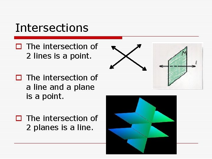 Intersections o The intersection of 2 lines is a point. o The intersection of