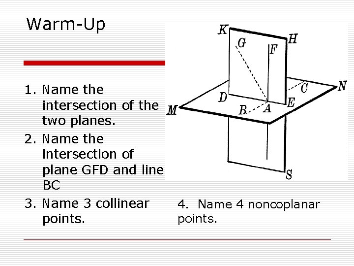 Warm-Up 1. Name the intersection of the two planes. 2. Name the intersection of