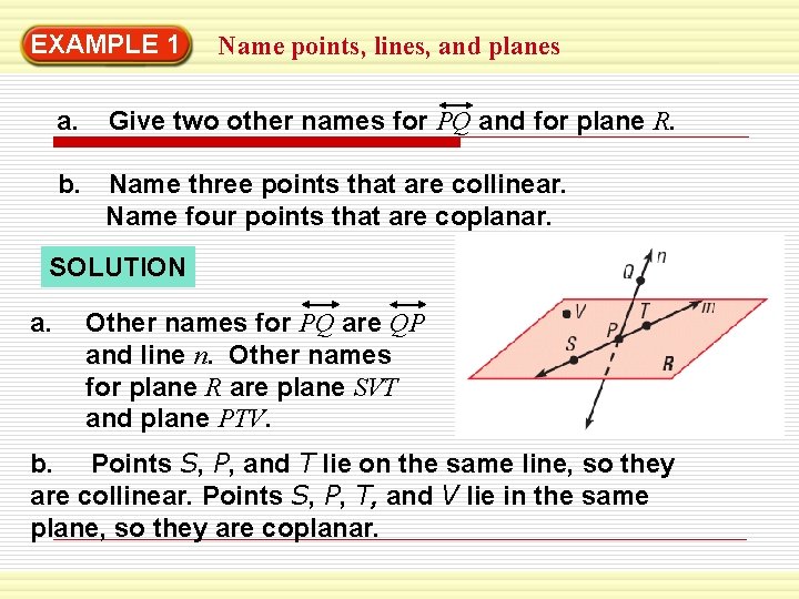 EXAMPLE 1 Name points, lines, and planes a. Give two other names for PQ