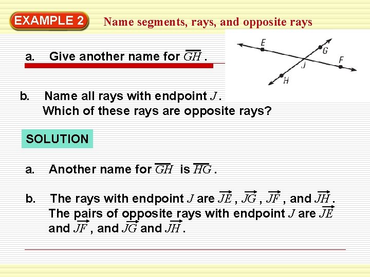 EXAMPLE 2 a. b. Name segments, rays, and opposite rays Give another name for