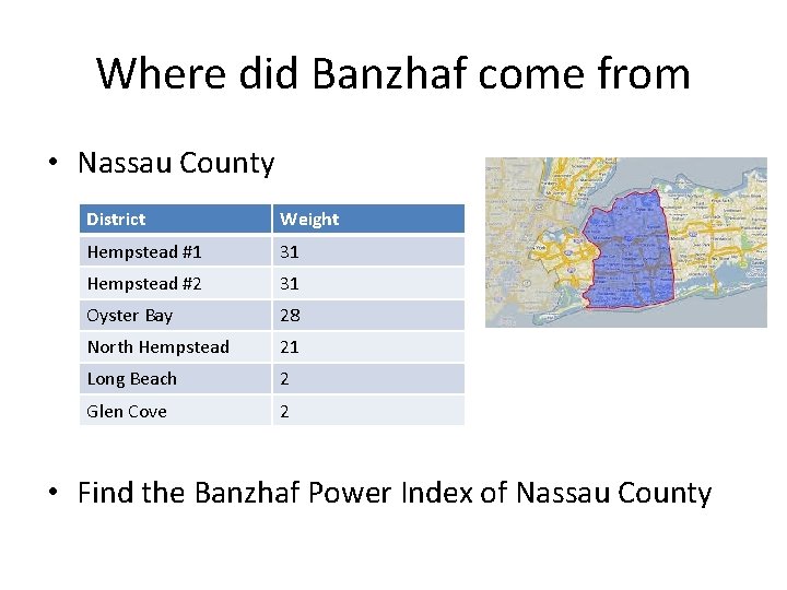 Where did Banzhaf come from • Nassau County District Weight Hempstead #1 31 Hempstead Where did Banzhaf come from • Nassau County District Weight Hempstead #1 31 Hempstead