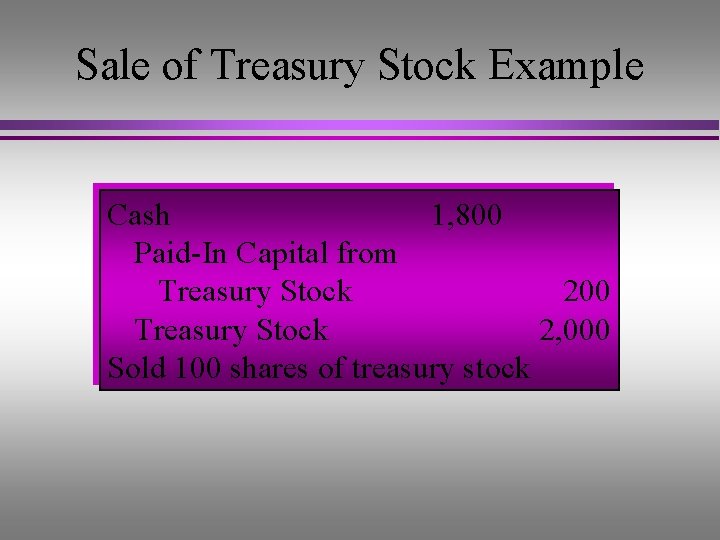 Sale of Treasury Stock Example Cash 1, 800 Paid-In Capital from Treasury Stock 200