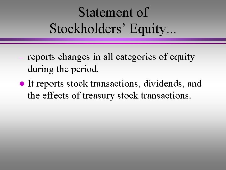 Statement of Stockholders’ Equity. . . reports changes in all categories of equity during