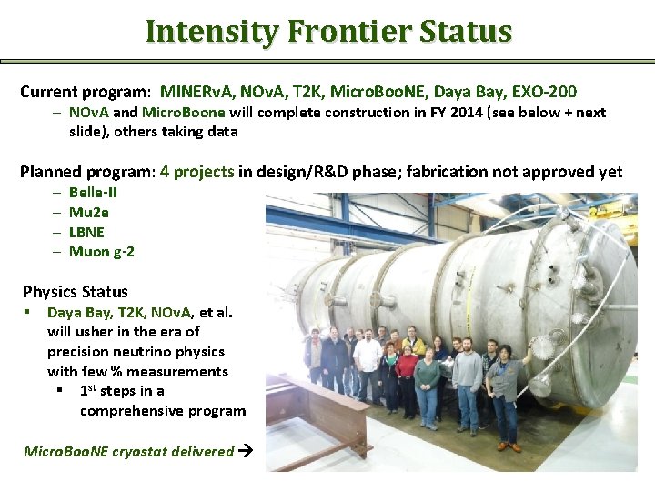 Intensity Frontier Status Current program: MINERv. A, NOv. A, T 2 K, Micro. Boo.