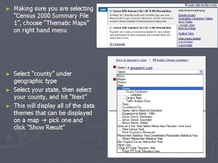 ► Making sure you are selecting “Census 2000 Summary File 1”, choose “Thematic Maps”
