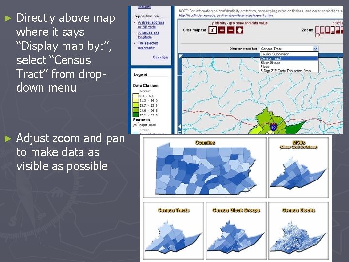 ► Directly above map where it says “Display map by: ”, select “Census Tract”