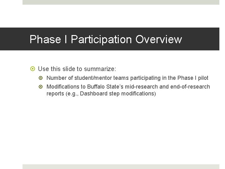 Phase I Participation Overview Use this slide to summarize: Number of student/mentor teams participating Phase I Participation Overview Use this slide to summarize: Number of student/mentor teams participating