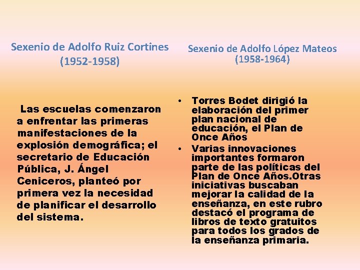 Sexenio de Adolfo Ruiz Cortines (1952 -1958) Las escuelas comenzaron a enfrentar las primeras
