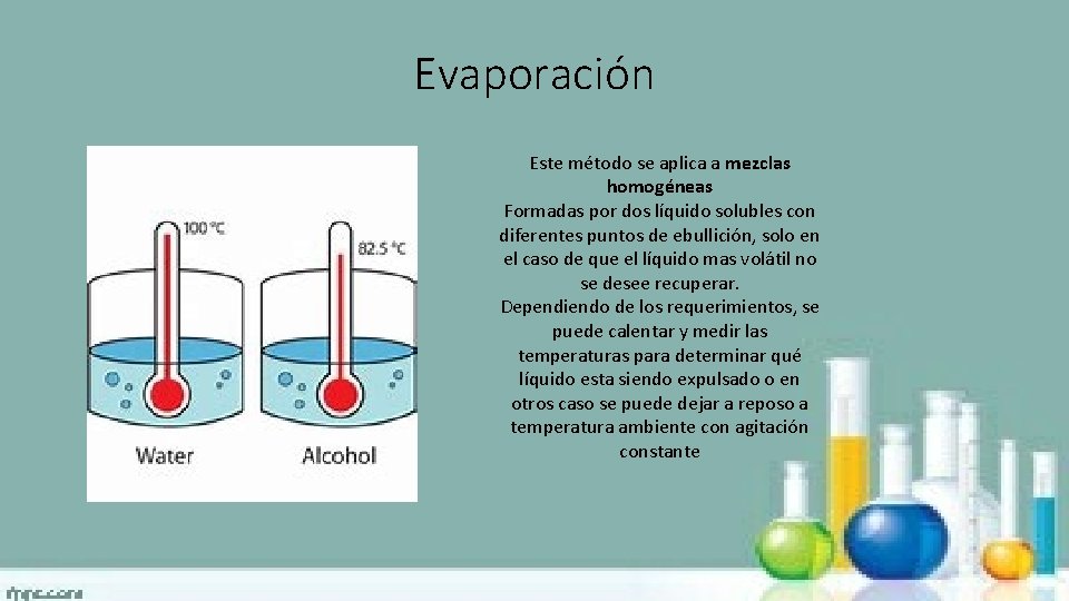 Evaporación Este método se aplica a mezclas homogéneas Formadas por dos líquido solubles con